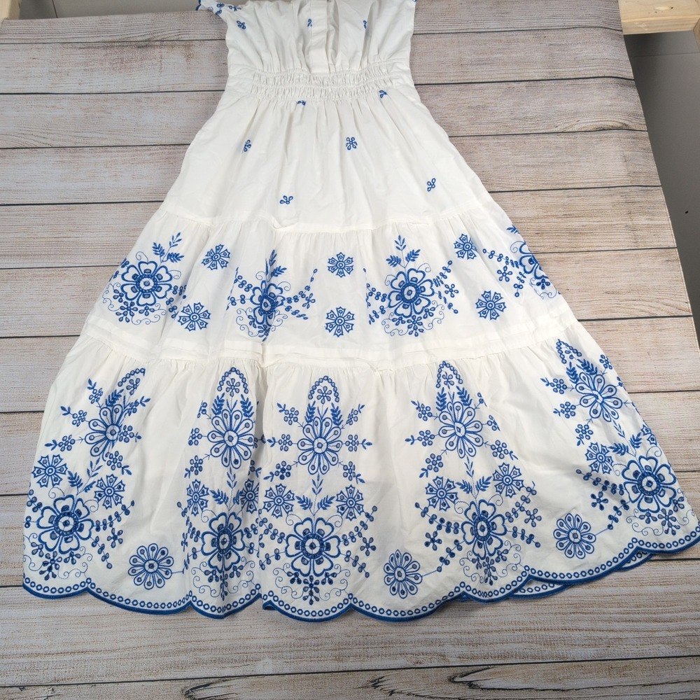 Joie White Blue Floral Embroidered Smocked Waist Maxi Dress Womens Small Boho - Picture 6 of 11